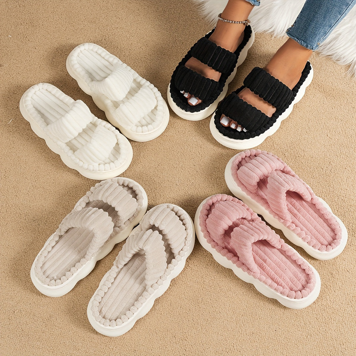 Two Bands Women's Plush Open Toe Platform Slippers, Soft Sole Fuzzy Comfortable Indoor Floor Shoes